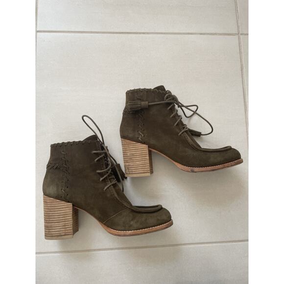 Stuart Weitzman Ankle Boots Wallawalla Suede Lace Up Tassels Green - Picture 2 of 16